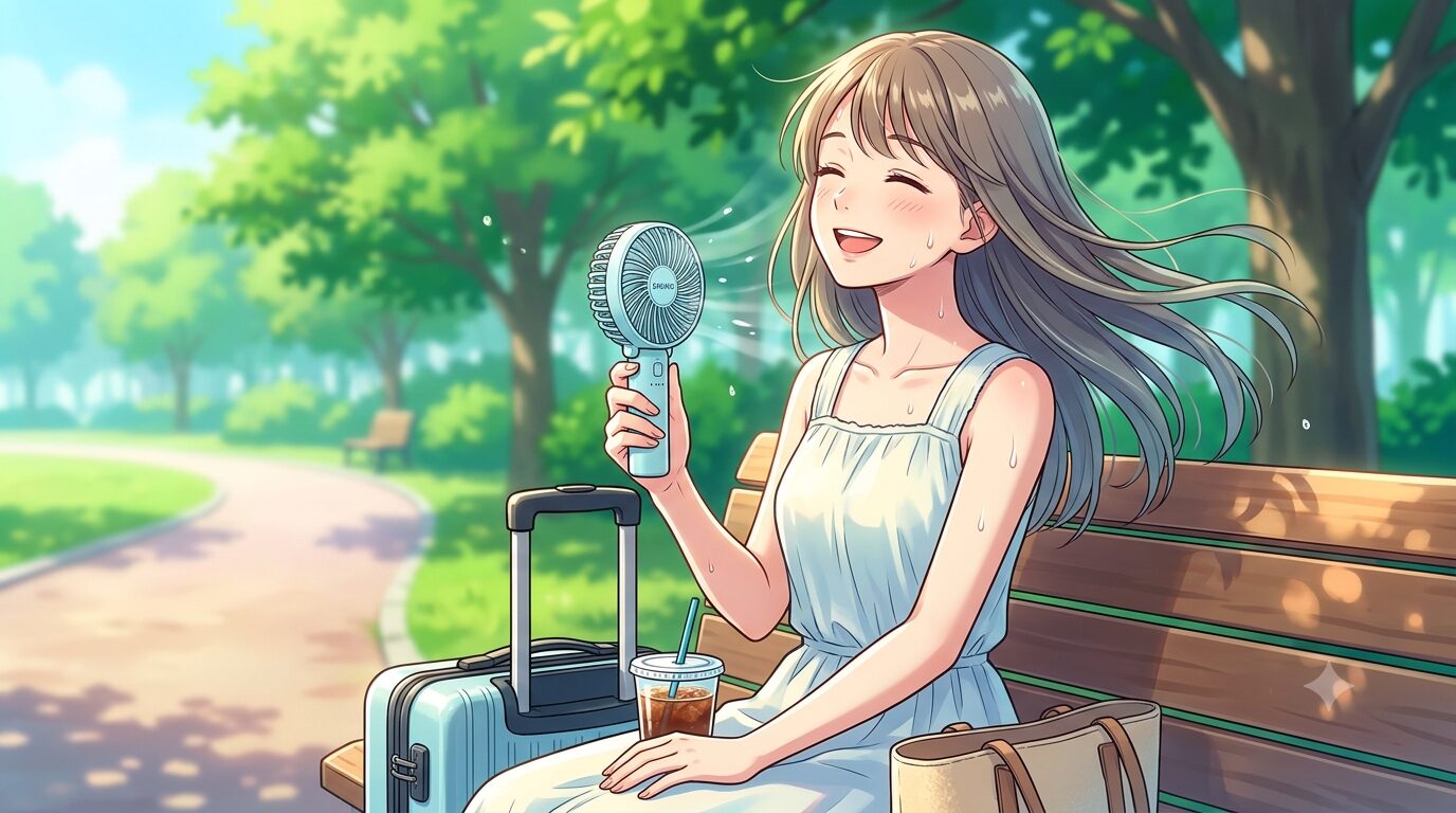 夏の暑い日にハンディファンを使っている人