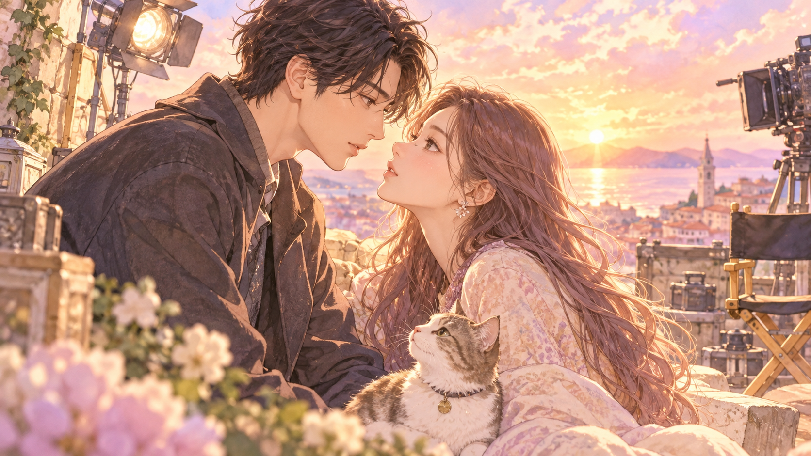 夕暮れの映画撮影、ふたりと猫